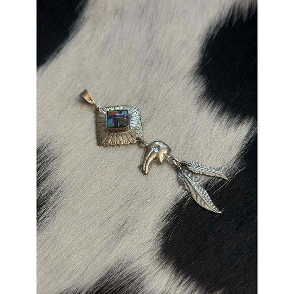 Native American Sterling Silver Inlaid Turquoise Lapis Spiny Bear Dangle Pendant - Picture 3 of 8